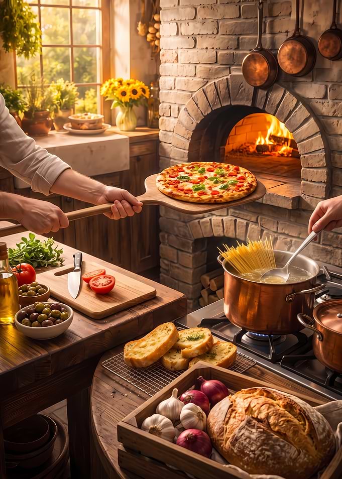 Rustic Italian Kitchen Cooking Scene