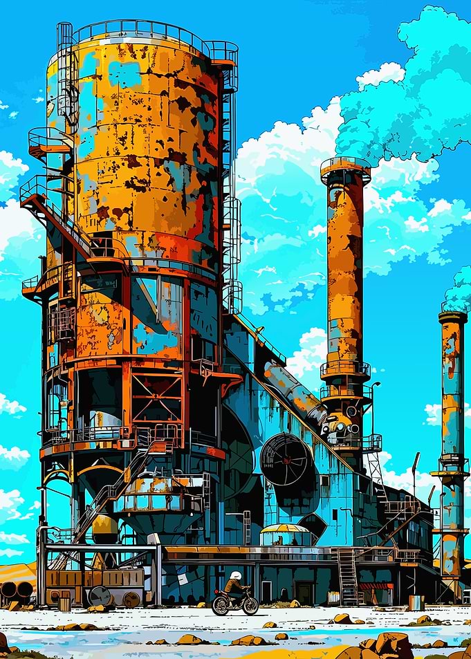 Rusty Industrial Plant with Motorcyclist