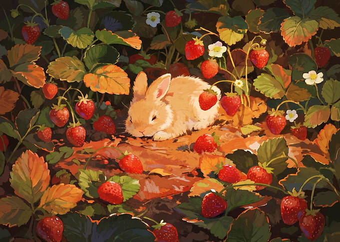 Cute Bunny Resting in Strawberry Patch