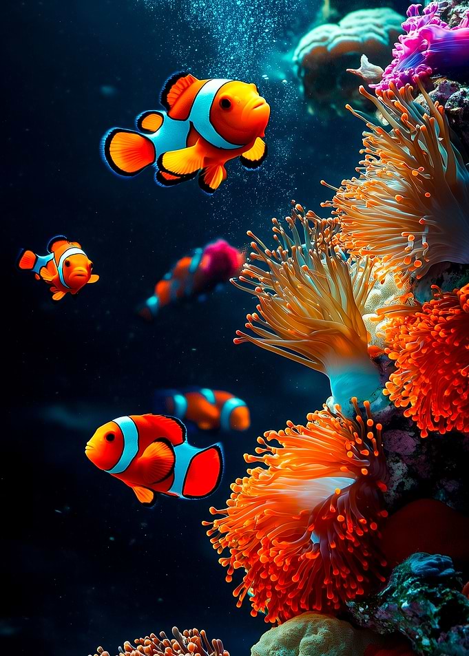 Clownfish Swimming Near Vibrant Sea Anemones