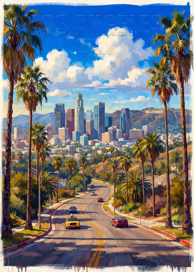 Los Angeles Cityscape with Palm Trees