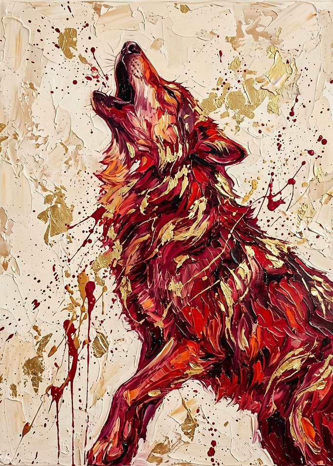 Abstract Red and Gold Howling Wolf