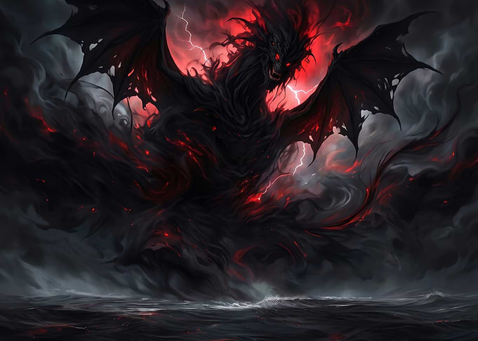 Dark Shadow Dragon Over Stormy Sea