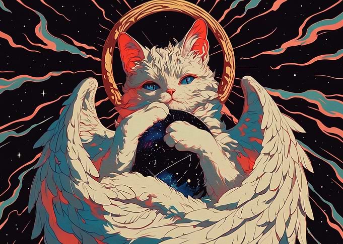 Celestial Angelic Cat Holding Galaxy Orb