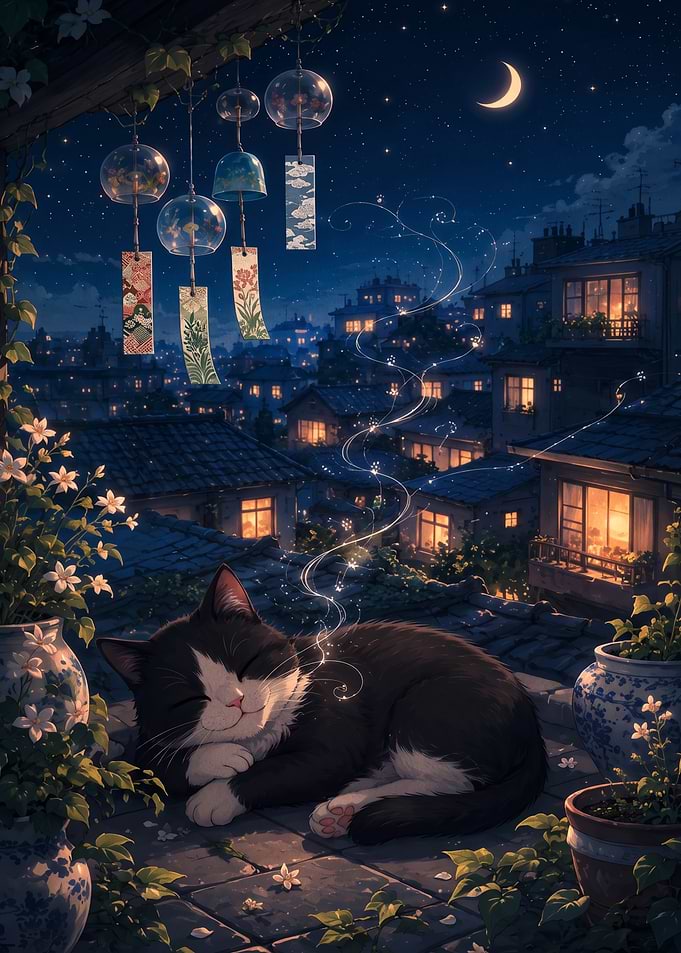Sleeping Cat Under Night Sky