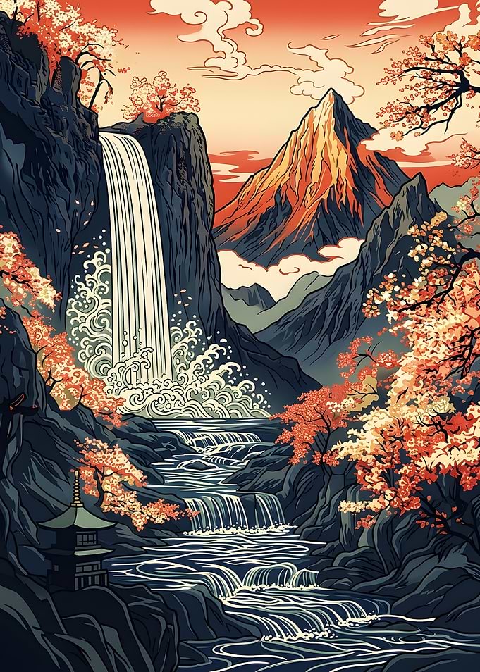 Japanese Mountain Waterfall Landscape