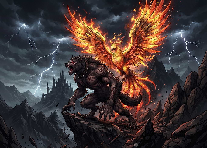 Werewolf and Phoenix Fantasy Battle