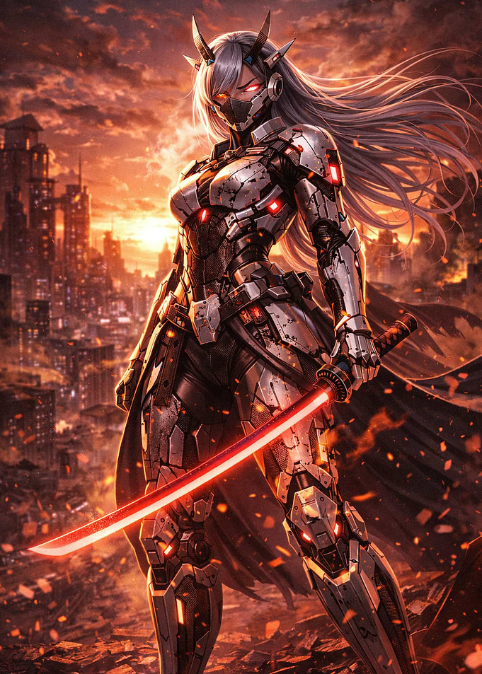 Cybernetic Oni Warrior with Glowing Katana