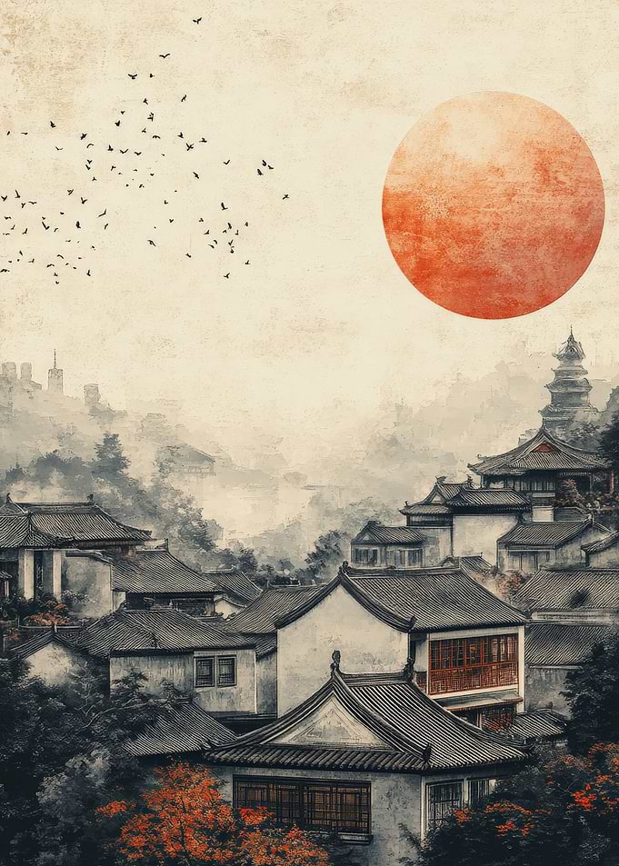Traditional Asian Village Under Red Sun