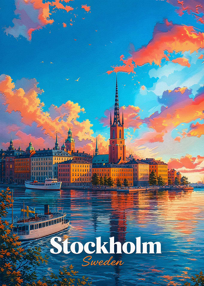 Stockholm Sweden Sunset Travel Poster