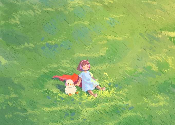 Girl and Duckling Relaxing in Grass