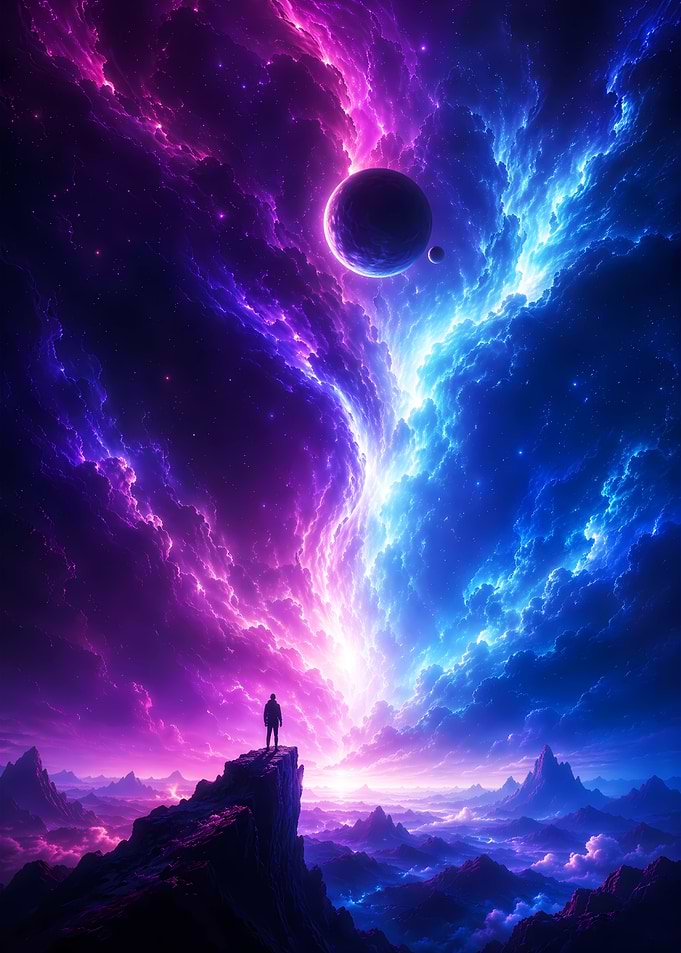 Lone Traveler Under Cosmic Nebula