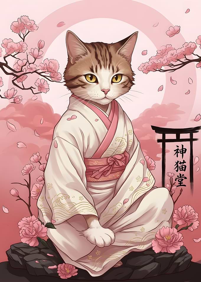 Cat in Kimono with Cherry Blossoms
