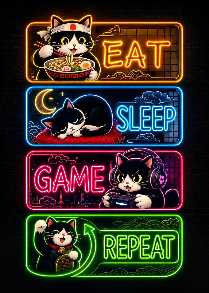 Eat Sleep Game Repeat Neon Cat