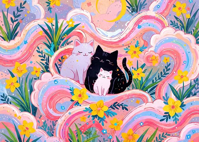 Whimsical Cats in Rainbow Garden