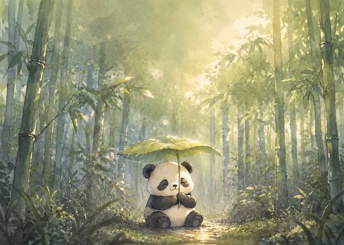 Cute Panda Under Leaf Umbrella