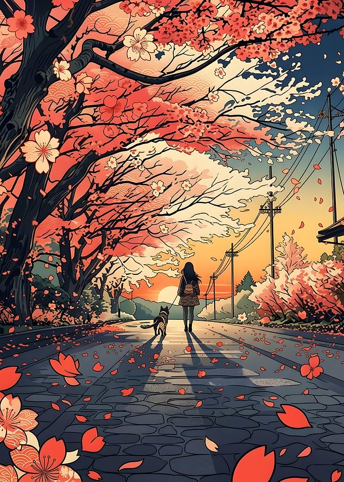 Girl Walking Dog Under Cherry Blossoms