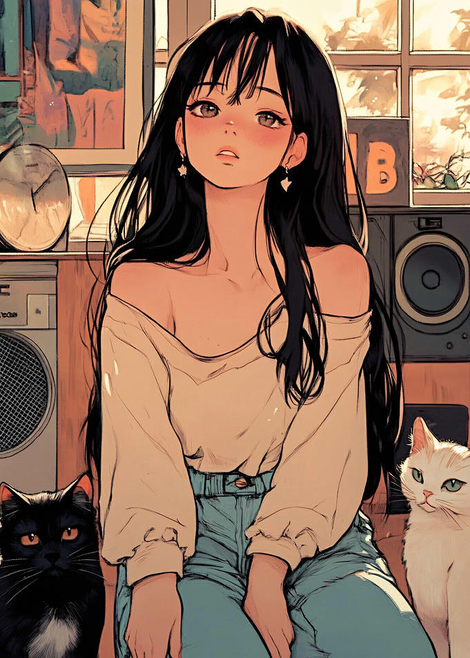 Anime Girl with Cats in Room