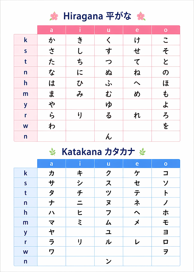 Hiragana and Katakana Japanese Character Chart