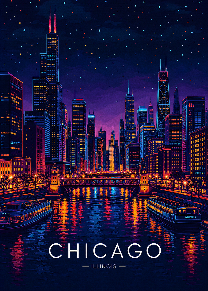 Chicago Skyline Night Poster