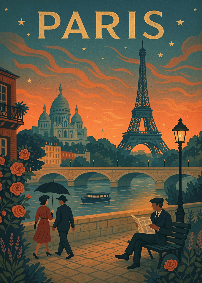 Vintage Paris Travel Poster Illustration