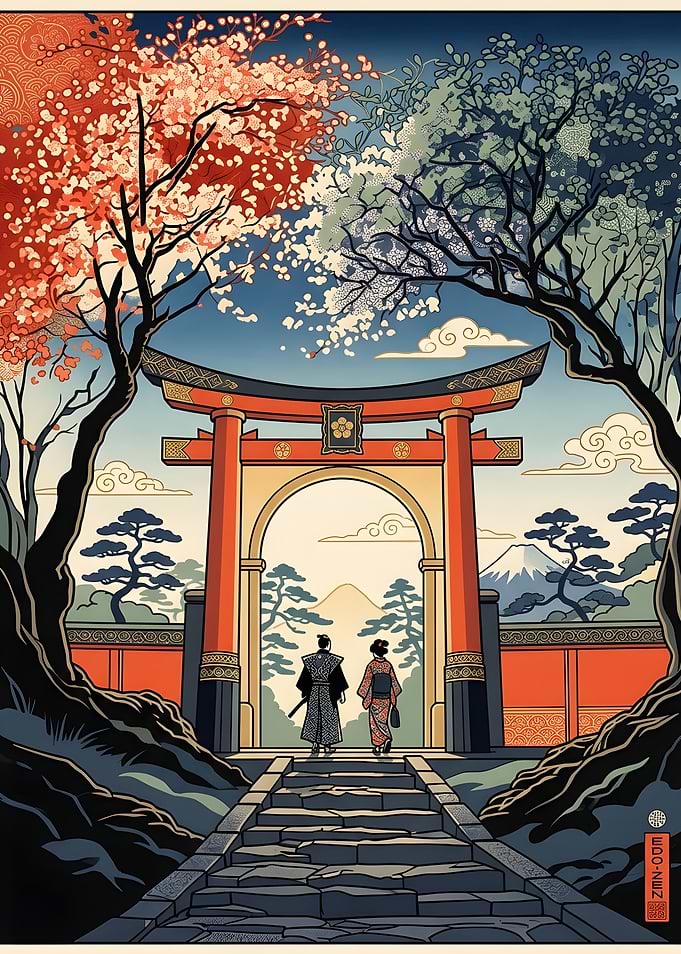 Samurai and Geisha at Torii Gate