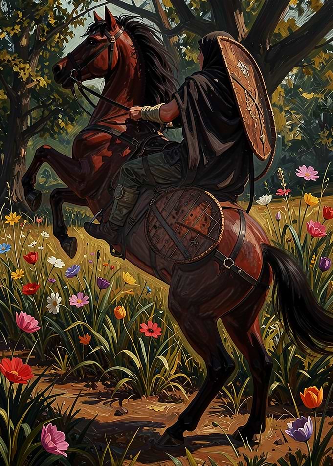 Warrior Riding Horse in Flower Meadow
