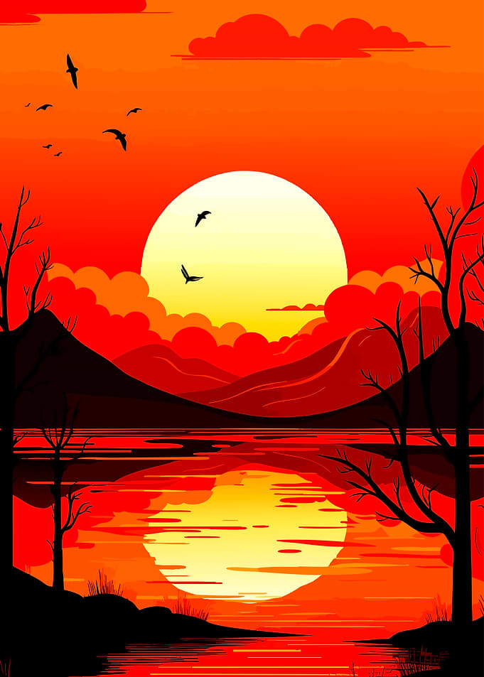 Vibrant Red Sunset Landscape Illustration