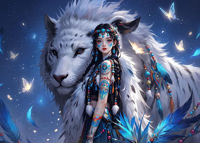 Fantasy Girl with White Lion