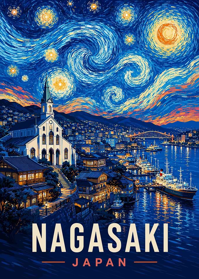 Nagasaki Japan Starry Night Poster