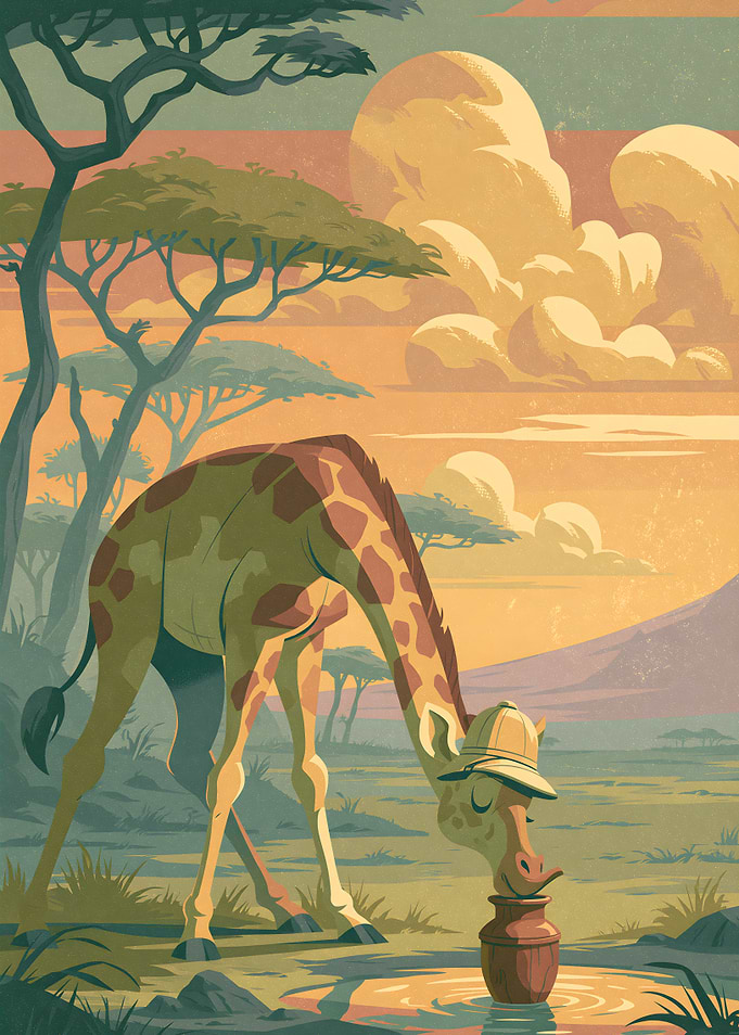 Giraffe Explorer Drinking from Pot