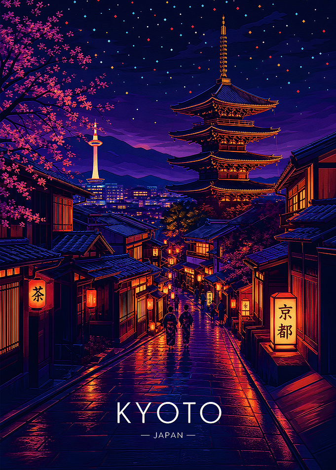 Kyoto Night Street Scene Poster