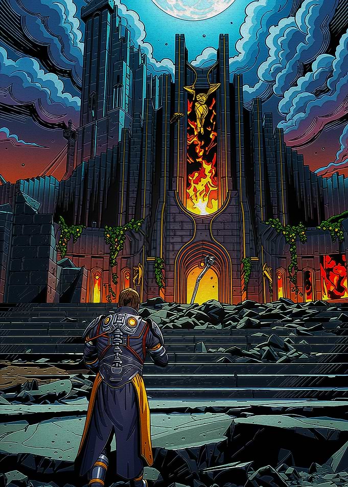 Warrior Approaching a Dark Fortress