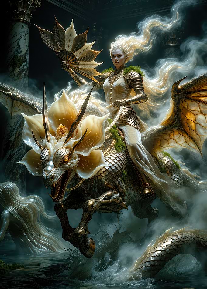 Ethereal Warrior Riding Floral Dragon