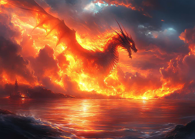 Fiery Dragon Rising Over Ocean