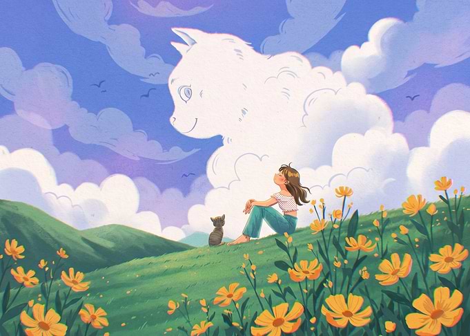 Girl and Cat Watching Cloud Cat