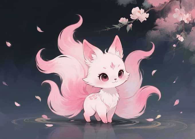 Cute Nine-Tailed Fox in Sakura