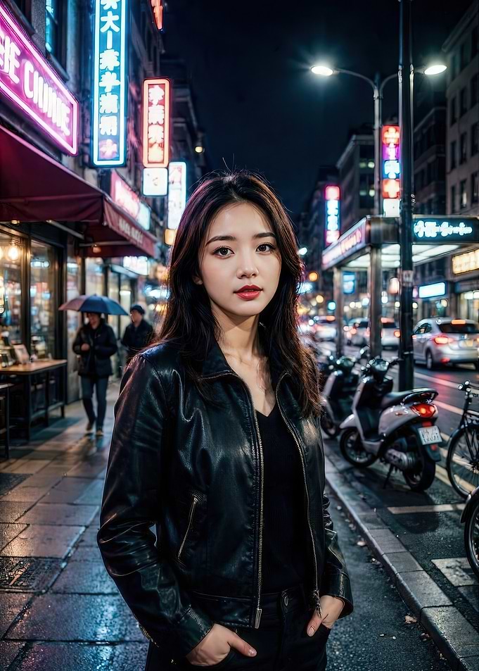 Young Woman in Leather Jacket Cityscape