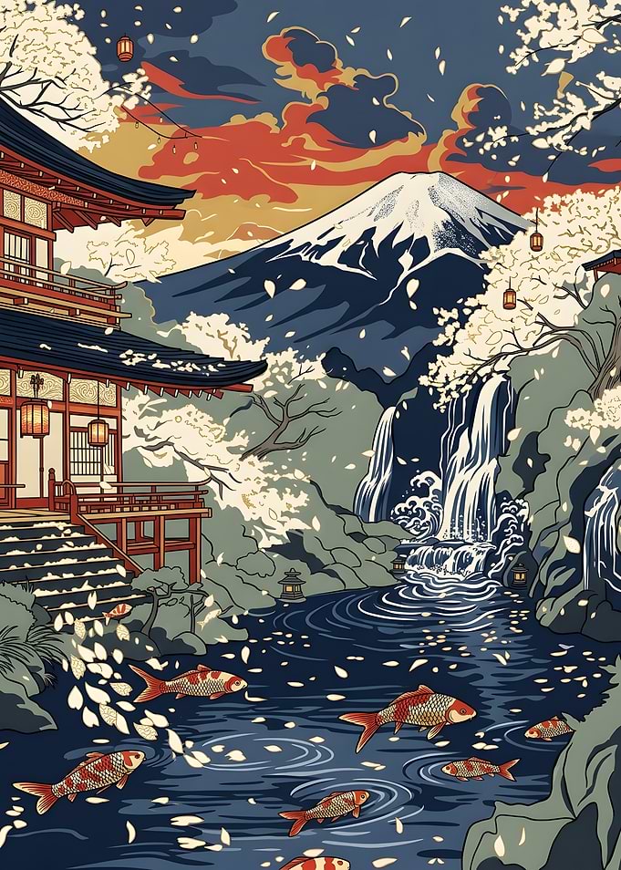 Mount Fuji Temple Koi Pond Art