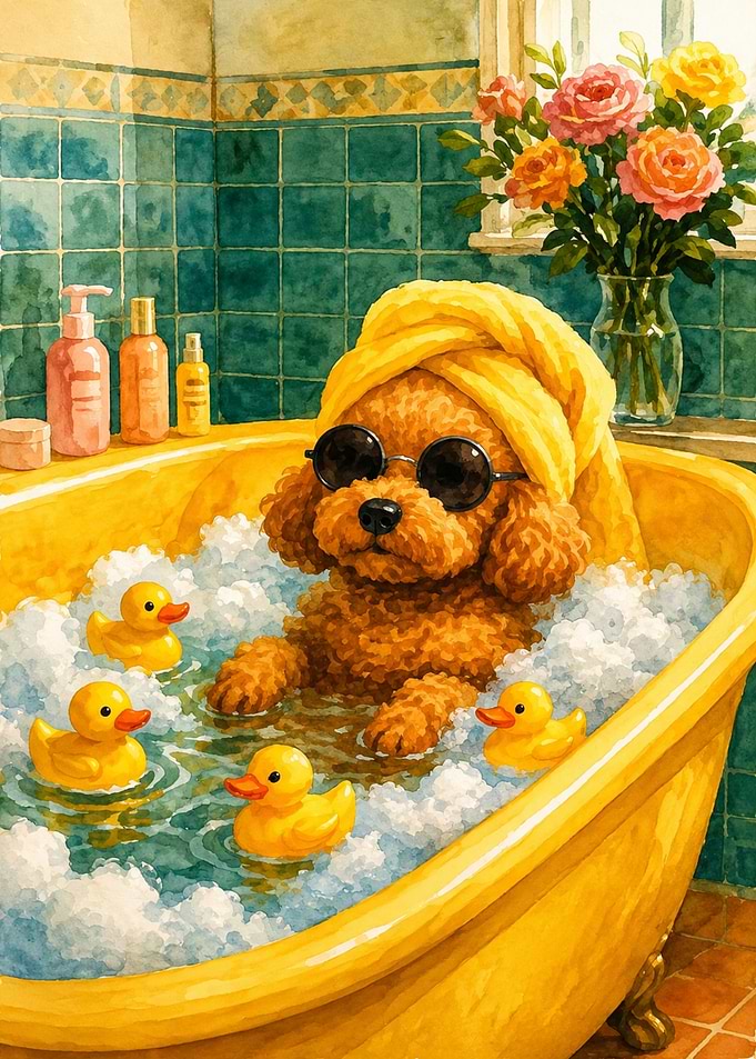 Poodle Relaxing in Yellow Bathtub