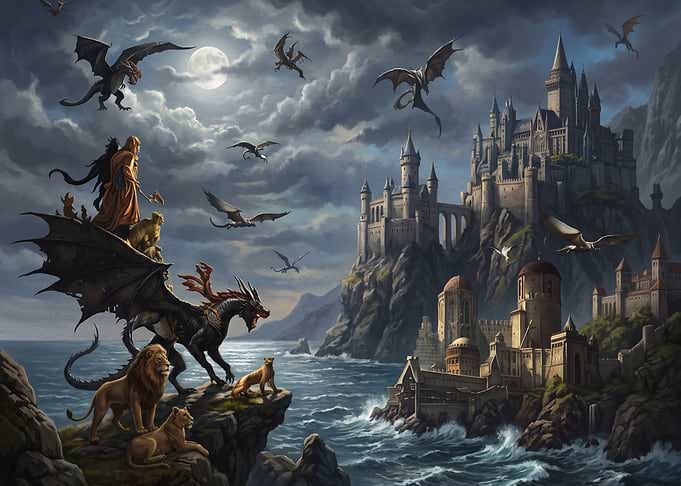 Fantasy Kingdom with Dragons and Lions