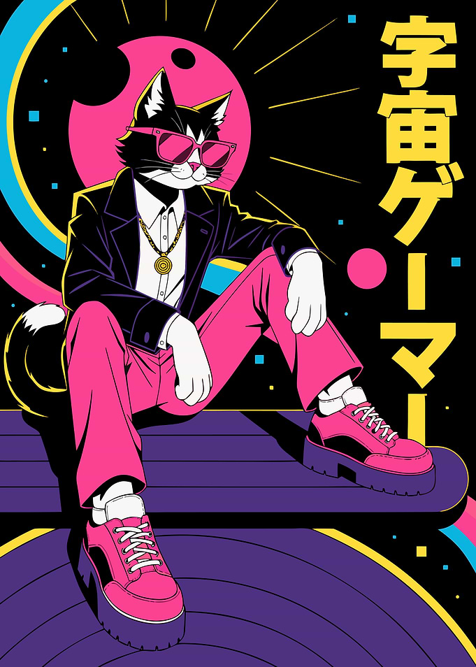 Cool Retro Cat Gamer Illustration
