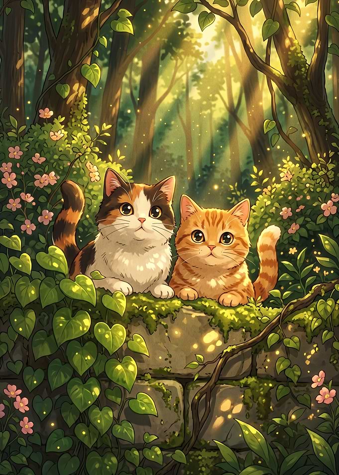 Two Cute Kittens in Enchanted Forest