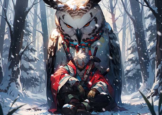 Warrior Resting with Giant Owl