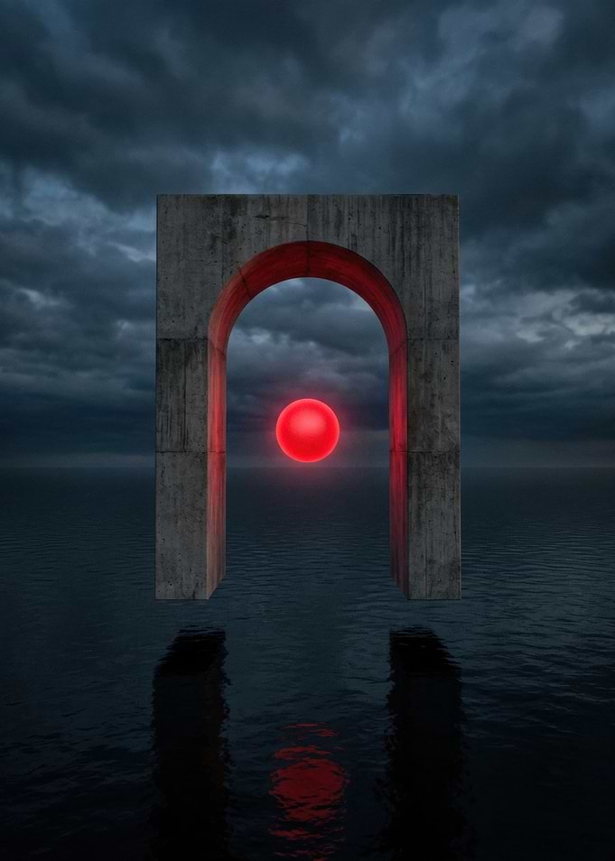 Surreal Concrete Arch with Red Sphere