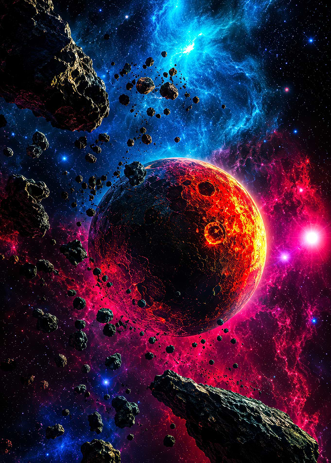 Fiery Planet Amidst Asteroid Field
