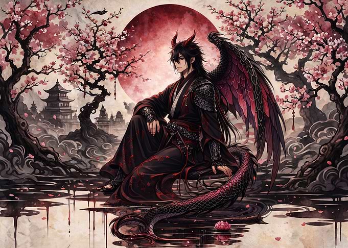 Demon Prince in Cherry Blossom Garden