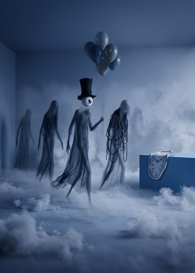 Surreal Dreamscape with Floating Eye Figure