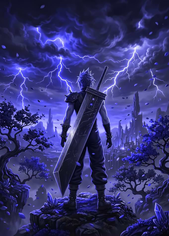Cloud Strife Standing Under Stormy Skies