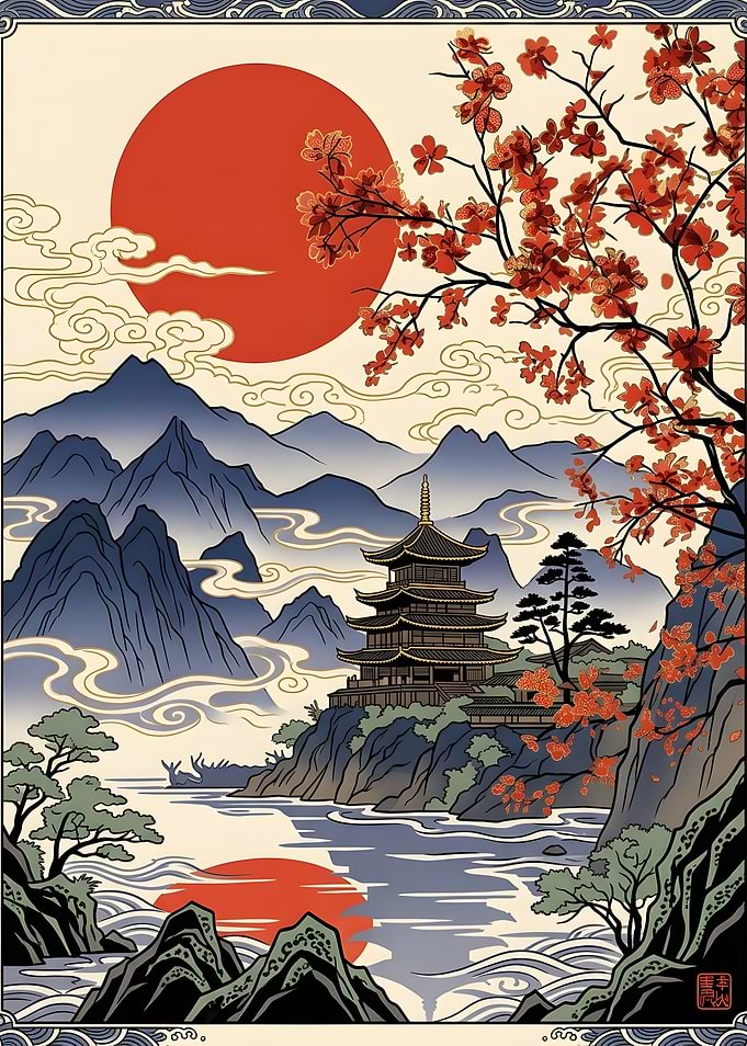 Traditional Japanese Pagoda Landscape Art